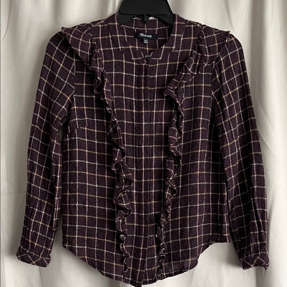 Madewell Purple Plaid Metallic Ruffle Button Down Blouse Size XXS - Picture 2 of 6